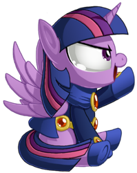 Size: 333x418 | Tagged: safe, artist:berrypawnch, edit, twilight sparkle, alicorn, pony, g4, boots, cloak, clothes, cosplay, costume, dc comics, female, gem, horn, mare, raven (dc comics), shoes, simple background, sitting, smiling, spread wings, tara strong, teen titans, transparent background, twilight sparkle (alicorn), twiraven, voice actor joke, wings