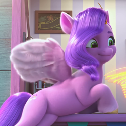 Size: 1080x1080 | Tagged: safe, screencap, pipp petals, pegasus, pony, ali-conned, g5, my little pony: make your mark, my little pony: make your mark chapter 2, spoiler:my little pony: make your mark chapter 2, spoiler:mymc02e04, adorapipp, bipedal, bipedal leaning, cropped, cute, female, leaning, mare, smiling, solo, spread wings, unshorn fetlocks, wings