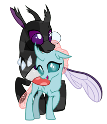 Size: 671x782 | Tagged: safe, artist:cheezedoodle96, artist:obsidian chitin, ocellus, oc, oc:obsidian chitin, changedling, changeling, g4, canon x oc, crystallized, nuzzling, simple background, transparent background