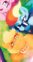Size: 584x1073 | Tagged: safe, artist:justasuta, idw, applejack, pinkie pie, rainbow dash, twilight sparkle, alicorn, pony, g4, g5, official, spoiler:comic, spoiler:g5comic, spoiler:g5comic09, comic cover, cover art, cropped, duo focus, female, implied appledash, looking at you, lying down, offscreen character, older, older applejack, older rainbow dash, sunglasses, twilight sparkle (alicorn)