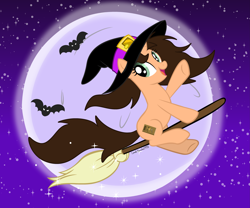 Size: 4785x3977 | Tagged: safe, artist:rachelclaradrawz, artist:small-brooke1998, oc, oc only, oc:small brooke, bat, pony, unicorn, base used, broom, flying, flying broomstick, hat, moon, night, october, solo, spook, stars, witch, witch hat