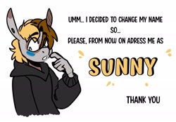 Size: 2048x1423 | Tagged: safe, artist:lrusu, oc, oc only, oc:primitive, oc:sunny (lrusu), hybrid, mule, pegamule, pegasus, anthro, blushing, clothes, hoodie, male, name change, simple background, solo, text, white background