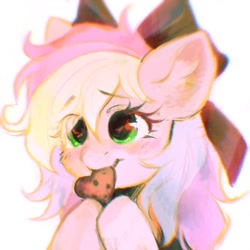 Size: 1500x1500 | Tagged: safe, artist:dearmary, oc, oc only, oc:blazey sketch, pegasus, pony, blush sticker, blushing, bow, bust, clothes, cookie, food, green eyes, grey fur, hair bow, heart, looking up, multicolored hair, portrait, simple background, solo, sweater, white background