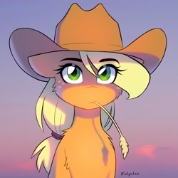 Size: 2695x2699 | Tagged: safe, artist:katputze, applejack, earth pony, pony, g4, applejack's hat, bust, cheek fluff, chest fluff, cowboy hat, eye clipping through hair, eyebrows, eyebrows visible through hair, female, hat, high res, looking at you, mare, mouth hold, signature, solo, straw in mouth, sunset