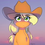 Size: 2695x2699 | Tagged: safe, artist:katputze, applejack, earth pony, pony, applejack's hat, bust, cheek fluff, chest fluff, cowboy hat, eye clipping through hair, eyebrows, eyebrows visible through hair, female, hat, looking at you, mare, mouth hold, signature, solo, straw in mouth, sunset
