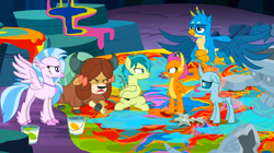 Size: 1600x898 | Tagged: safe, screencap, gallus, ocellus, sandbar, silverstream, smolder, yona, changedling, changeling, classical hippogriff, dragon, earth pony, griffon, hippogriff, pony, yak, g4, uprooted, angry, bow, cloven hooves, colored hooves, dragoness, female, gallus is not amused, hair bow, hoof hold, jewelry, monkey swings, necklace, paint, paint bucket, sapling, silverstream is not amused, spread wings, student six, unamused, wings