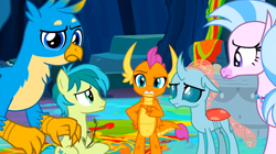 Size: 1600x898 | Tagged: safe, screencap, gallus, ocellus, sandbar, silverstream, smolder, changedling, changeling, classical hippogriff, dragon, earth pony, griffon, hippogriff, pony, g4, uprooted, dragoness, female, jewelry, male, necklace, pointing, raised eyebrow, sapling, stallion