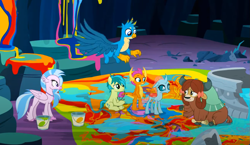 Size: 1089x630 | Tagged: safe, screencap, gallus, ocellus, sandbar, silverstream, smolder, yona, changedling, changeling, classical hippogriff, dragon, earth pony, griffon, hippogriff, pony, yak, g4, uprooted, bow, cloven hooves, colored hooves, cropped, dragoness, female, hair bow, jewelry, male, monkey swings, necklace, paint, paint bucket, sapling, spread wings, student six, wings