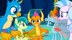 Size: 1600x899 | Tagged: safe, screencap, gallus, ocellus, sandbar, silverstream, smolder, changedling, changeling, classical hippogriff, dragon, earth pony, griffon, hippogriff, pony, g4, uprooted, angry, dragoness, female, jewelry, male, necklace, sapling, spread arms