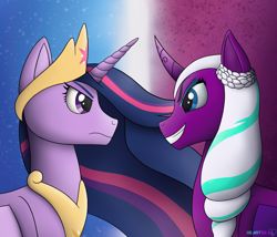 Size: 2332x2000 | Tagged: safe, artist:passionpanther, opaline arcana, twilight sparkle, alicorn, pony, g5, my little pony: make your mark, spoiler:g5, spoiler:my little pony: make your mark, angry, antagonist, crown, female, high res, jewelry, looking at each other, looking at someone, mare, older, older twilight, older twilight sparkle (alicorn), princess twilight 2.0, regalia, rivalry, twilight sparkle (alicorn)