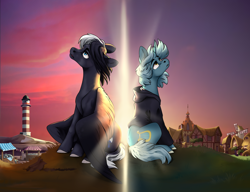 Size: 2700x2072 | Tagged: safe, artist:28gooddays, lyra heartstrings, oc, pegasus, pony, unicorn, g4, clothes, commission, duo, high res, hoodie, lighthouse, ponyville, sad