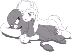 Size: 1280x930 | Tagged: safe, artist:nauyaco, oc, oc:ardent heart, griffon, pony, blushing, female, male, monochrome, stallion