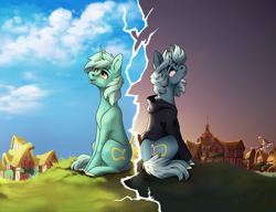 Size: 2700x2072 | Tagged: safe, artist:28gooddays, lyra heartstrings, pony, unicorn, fanfic:background pony, g4, clothes, commission, crying, dig the swell hoodie, duality, happy, high res, hoodie, ponyville, sad, smiling