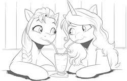 Size: 1086x697 | Tagged: safe, artist:nauyaco, izzy moonbow, sunny starscout, earth pony, pony, unicorn, g5, duo, female, lesbian, milkshake ponies, monochrome, sharing a drink, ship:moonscout, shipping