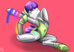 Size: 4961x3508 | Tagged: safe, artist:mekblue, oc, oc:chromatic moonstone, crystal pony, pony, ballerina, ballet slippers, clothes, female, flexible, gem, leotard, makeup, muscles, muscular female, quadrupedal, ribbon, solo, stretching
