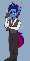 Size: 1000x2000 | Tagged: safe, artist:freak-side, oc, oc only, oc:marquis majordome, unicorn, anthro, plantigrade anthro, anthro oc, clothes, glasses, gloves, jacket, looking at you, male, necktie, shoes, simple background, solo, stallion, suit