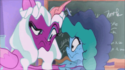 Size: 600x337 | Tagged: safe, screencap, misty brightdawn, opaline arcana, alicorn, pony, unicorn, dragon dad, g5, my little pony: tell your tale, spoiler:g5, spoiler:my little pony: make your mark, spoiler:tyts01e29, animated, duo, duo female, female, flashback, freckles, gif, mare, shaking