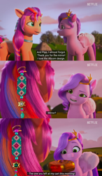 Size: 1360x2332 | Tagged: safe, screencap, pipp petals, sunny starscout, earth pony, pegasus, pony, g5, izzy does it, my little pony: make your mark, my little pony: make your mark chapter 2, spoiler:g5, spoiler:my little pony: make your mark chapter 2, spoiler:mymc02e01, accessory, case, comic, confused, female, gold, logo, mare, netflix, netflix logo, outdoors, present, screencap comic, subtitles