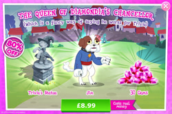Size: 1961x1300 | Tagged: safe, gameloft, idw, chancellor jim, trixie, diamond dog, g4, my little pony: magic princess, advertisement, brown fur, choker, clothes, collar, costs real money, dog collar, english, gem, introduction card, male, numbers, sale, solo, statue, text, white coat, white fur, yellow eyes