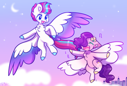 Size: 3590x2441 | Tagged: safe, artist:moccabliss, pipp petals, zipp storm, pegasus, pony, g5, blushing, chest fluff, city, cloud, colored wings, crescent moon, dreamworks face, duo, duo female, eyebrows, eyebrows visible through hair, eyes closed, female, flying, happy, high res, mare, moon, multicolored wings, music notes, open mouth, open smile, raised eyebrow, royal sisters (g5), siblings, signature, singing, sisters, sky, smiling, spread wings, stars, wings