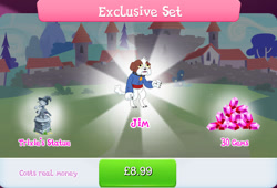 Size: 1263x857 | Tagged: safe, gameloft, idw, chancellor jim, trixie, diamond dog, g4, my little pony: magic princess, brown fur, bundle, choker, clothes, collar, costs real money, dog collar, english, gem, male, numbers, sale, solo, statue, text, white coat, white fur, yellow eyes