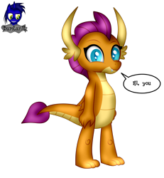 Size: 3840x4154 | Tagged: safe, artist:damlanil, smolder, dragon, g4, comic, cute, dragon wings, dragoness, eyelashes, female, happy, horns, looking at you, show accurate, simple background, smiling, smolderbetes, solo, speech bubble, standing, text, transparent background, wings