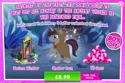 Size: 1954x1303 | Tagged: safe, gameloft, idw, king sombra, shadow lock, pony, unicorn, g4, my little pony: magic princess, advertisement, bush, cloak, clothes, costs real money, crack is cheaper, crystal, english, flower, gem, gray coat, grey fur, hood up, horn, introduction card, lantern, male, numbers, pot, purple mane, purple tail, sale, scar, solo, stained glass, stallion, tail, text, unshorn fetlocks