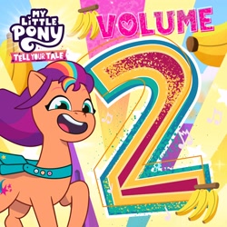 Size: 3000x3000 | Tagged: safe, sunny starscout, earth pony, pony, g5, my little pony: tell your tale, official, 2, abstract background, album, album cover, banana, cute, female, food, high res, mane stripe sunny, mare, music notes, my little pony logo, open mouth, open smile, smiling, solo, sunnybetes, text