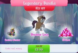 Size: 1262x861 | Tagged: safe, gameloft, idw, king sombra, shadow lock, pony, unicorn, g4, my little pony: magic princess, bundle, bush, cloak, clothes, costs real money, crystal, english, flower, gem, gray coat, grey fur, hood up, horn, lantern, legendary bundle, male, numbers, pot, purple mane, purple tail, sale, scar, solo, stained glass, stallion, tail, text, unshorn fetlocks