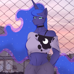 Size: 1280x1279 | Tagged: safe, artist:stervyak, princess luna, alicorn, anthro, g4, belly button, black bra, bra, bra strap, choker, clothes, cutie mark on clothes, denim, ear piercing, ethereal mane, eyeshadow, hands behind back, horn, horn jewelry, jeans, jewelry, makeup, midriff, necklace, nose piercing, pants, piercing, short shirt, solo, underwear