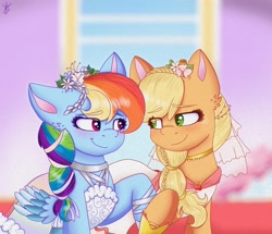 Size: 1440x1237 | Tagged: safe, artist:galaxy swirl, applejack, rainbow dash, earth pony, pegasus, pony, g4, clothes, dress, duo, duo female, female, lesbian, looking at each other, looking at someone, mare, marriage, ship:appledash, shipping, smiling, smiling at each other, wedding, wedding dress