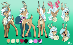 Size: 6036x3703 | Tagged: safe, artist:mekblue, oc, oc:karolin, deer, reindeer, angry, butt, chest fluff, clothes, color palette, fluffy, happy, horns, laughing, magic, plot, reference sheet, scarf, simple background, tied mane, unshorn fetlocks