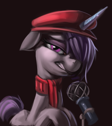 Size: 722x805 | Tagged: safe, artist:applepost67, onyx, pony, unicorn, g5, my little pony: a new generation, background pony, beatnik pony, beret, clothes, female, hat, horn, mare, microphone, one eye covered, scarf, solo