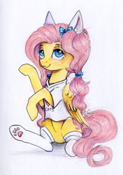 Size: 2039x2894 | Tagged: safe, artist:lailyren, fluttershy, pegasus, pony, g4, alternate hairstyle, animal costume, aside glance, behaving like a cat, bow, cat costume, cat ears, clothes, costume, cute, ear fluff, female, fluttercat, folded wings, hair bow, high res, looking at you, mare, paw socks, raised hoof, scrunchie, shirt, shyabetes, simple background, sitting, solo, t-shirt, three quarter view, traditional art, white background, wings