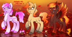 Size: 1550x800 | Tagged: safe, artist:shad0w-galaxy, oc, oc only, oc:ash spark, oc:autumn crocus, oc:blazing gale, earth pony, pegasus, pony, unicorn, adoptable, advertisement, auction, auction open, autumn, colored belly, colored wings, concave belly, cute, cutie mark, female, gradient background, gradient hooves, gradient mane, gradient wings, leaves, mare, open mouth, pale belly, raised hoof, slender, smiling, spread wings, thin, tongue out, unshorn fetlocks, wings
