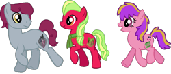 Size: 981x422 | Tagged: safe, artist:starryoak, oc, oc only, oc:apple patch, oc:berry patch, oc:rocky patch, earth pony, pony, 2013, brother and sister, earth pony oc, female, headcanon, headcanon in the description, male, offspring, parent:chancellor puddinghead, parent:smart cookie, siblings, simple background, sisters, transparent background, trio, triplets