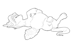 Size: 3208x1764 | Tagged: safe, artist:snspony, pipp petals, pegasus, pony, g5, belly, big belly, butt, female, frown, lying down, monochrome, on back, pipp preggo, plot, pregnant, spread wings, unshorn fetlocks, wavy mouth, wings