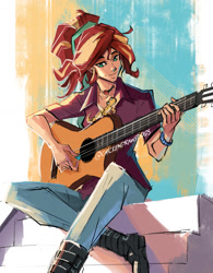 Size: 1280x1638 | Tagged: safe, artist:chickendrawsdogs, ray, sunset shimmer, gecko, human, leopard gecko, equestria girls, g4, boots, geode of empathy, guitar, hair tie, humanized, magical geodes, musical instrument, shoes