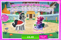 Size: 1962x1295 | Tagged: safe, gameloft, idw, king sombra, pony, unicorn, g4, my little pony: magic princess, advertisement, black mane, black tail, bush, bust, cape, clothes, costs real money, crystal, english, gate, gray coat, grey fur, horn, idw showified, introduction card, male, metal, numbers, reformed sombra, royal cape, sale, smiling, solo, stallion, tail, text