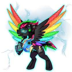 Size: 2000x2000 | Tagged: safe, artist:chvrchgrim, oc, oc only, oc:krypt, pegasus, pony, clothes, colored wings, cyber, cyberpunk, high res, male, multicolored wings, neon, piercing, rainbow wings, simple background, solo, stallion, transparent background, uniform, wings, wonderbolts uniform