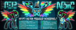 Size: 3000x1200 | Tagged: safe, artist:chvrchgrim, oc, oc:krypt, pegasus, pony, clothes, colored wings, cyber, cyberpunk, male, multicolored wings, neon, piercing, rainbow wings, reference sheet, stallion, uniform, wings, wonderbolts uniform