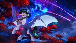 Size: 2500x1406 | Tagged: safe, artist:redchetgreen, oc, oc only, oc:scrimmy, bat pony, pony, bat pony oc, bat wings, chest fluff, complex background, ear fluff, fangs, flying, heterochromia, looking at you, male, night, shooting star, slender, smiling, smiling at you, solo, spread wings, stars, thin, tree, wallpaper, wings