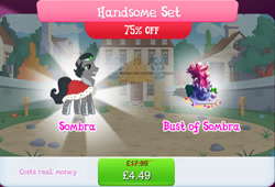 Size: 1267x862 | Tagged: safe, gameloft, idw, king sombra, pony, unicorn, g4, my little pony: magic princess, black mane, black tail, bundle, bush, bust, cape, clothes, costs real money, crystal, english, gate, gray coat, grey fur, handsome set, horn, idw showified, male, metal, numbers, reformed sombra, royal cape, sale, smiling, solo, stallion, tail, text