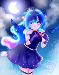 Size: 1500x1900 | Tagged: safe, artist:llamafloof, princess luna, human, g4, :t, alicorn humanization, blushing, clothes, crown, cute, dress, ear piercing, eared humanization, earring, female, floating wings, gloves, heart, horn, horned humanization, humanized, jewelry, lunabetes, necklace, piercing, regalia, skirt, solo, winged humanization, wings