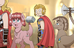 Size: 1555x1000 | Tagged: safe, artist:vavacung, dracony, dragon, hybrid, pony, axe, distracted boyfriend meme, female, hammer, male, meme, mighty thor, mjölnir, parody, ponified, thor, war hammer, weapon