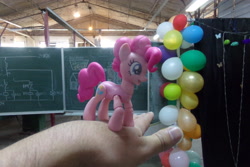 Size: 4608x3072 | Tagged: safe, artist:dingopatagonico, pinkie pie, earth pony, pony, g4, balloon, chalkboard, hand, irl, photo, solo, toy