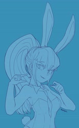 Size: 3360x5466 | Tagged: safe, artist:maren, sonata dusk, equestria girls, bunny ears, bunny suit, clothes, fangs, female, gesture, high res, implied small penis, monochrome, playboy bunny, solo