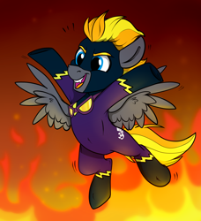 Size: 1100x1204 | Tagged: safe, artist:rutkotka, oc, oc only, oc:blaze (shadowbolt), pegasus, pony, antagonist, chibi, clothes, commission, costume, elmo, evil, fire, male, pegasus oc, shadowbolts, shadowbolts costume, solo, stallion, ych result, your character here