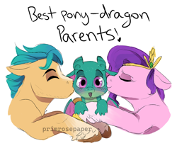 Size: 1280x1069 | Tagged: safe, artist:primrosepaper, hitch trailblazer, pipp petals, sparky sparkeroni, dragon, earth pony, pegasus, pony, g5, baby, baby dragon, blushing, cheek kiss, cute, eyes closed, female, floppy ears, hitchpipp, kiss sandwich, kissing, male, mare, shipping, simple background, stallion, straight, white background