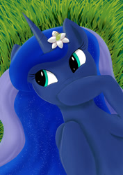 Size: 1024x1449 | Tagged: safe, artist:fizzban08, princess luna, alicorn, pony, g4, digital art, female, flower, flower in hair, grass, hoof over mouth, lying down, lying on the ground, mischievous, on back, raised hoof, solo